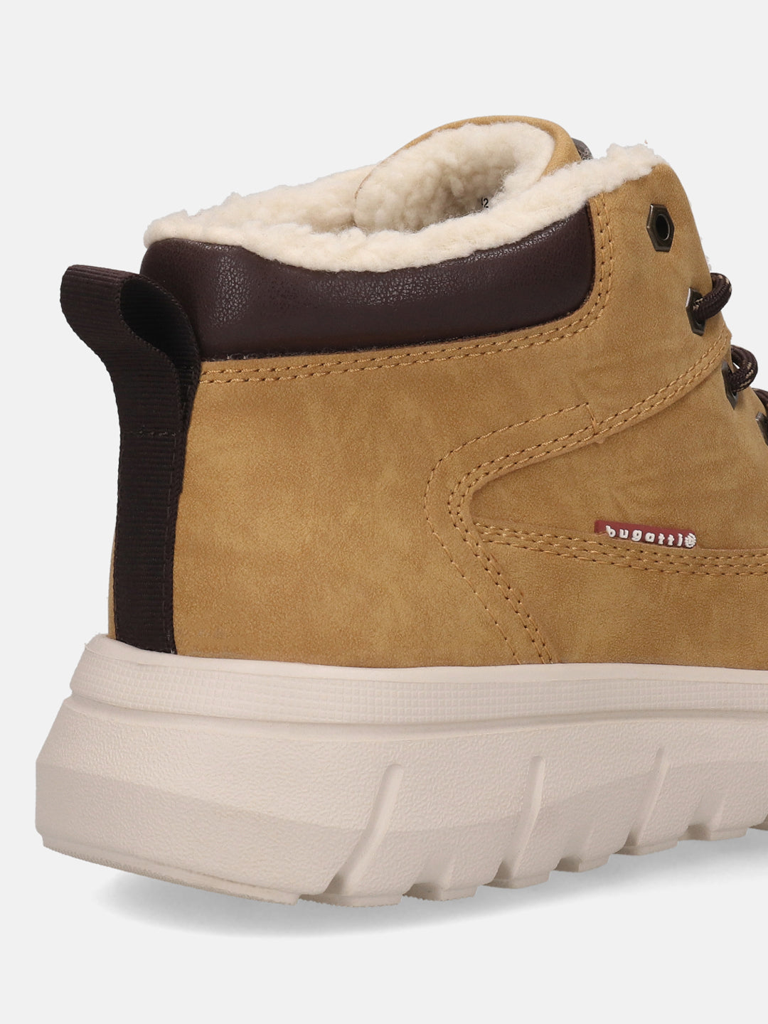 Tan comfort casual boot by Bugatti featuring a faux fur trim, a brown accent collar and heel pull tab.