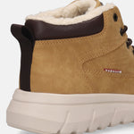 Tan comfort casual boot by Bugatti featuring a faux fur trim, a brown accent collar and heel pull tab.