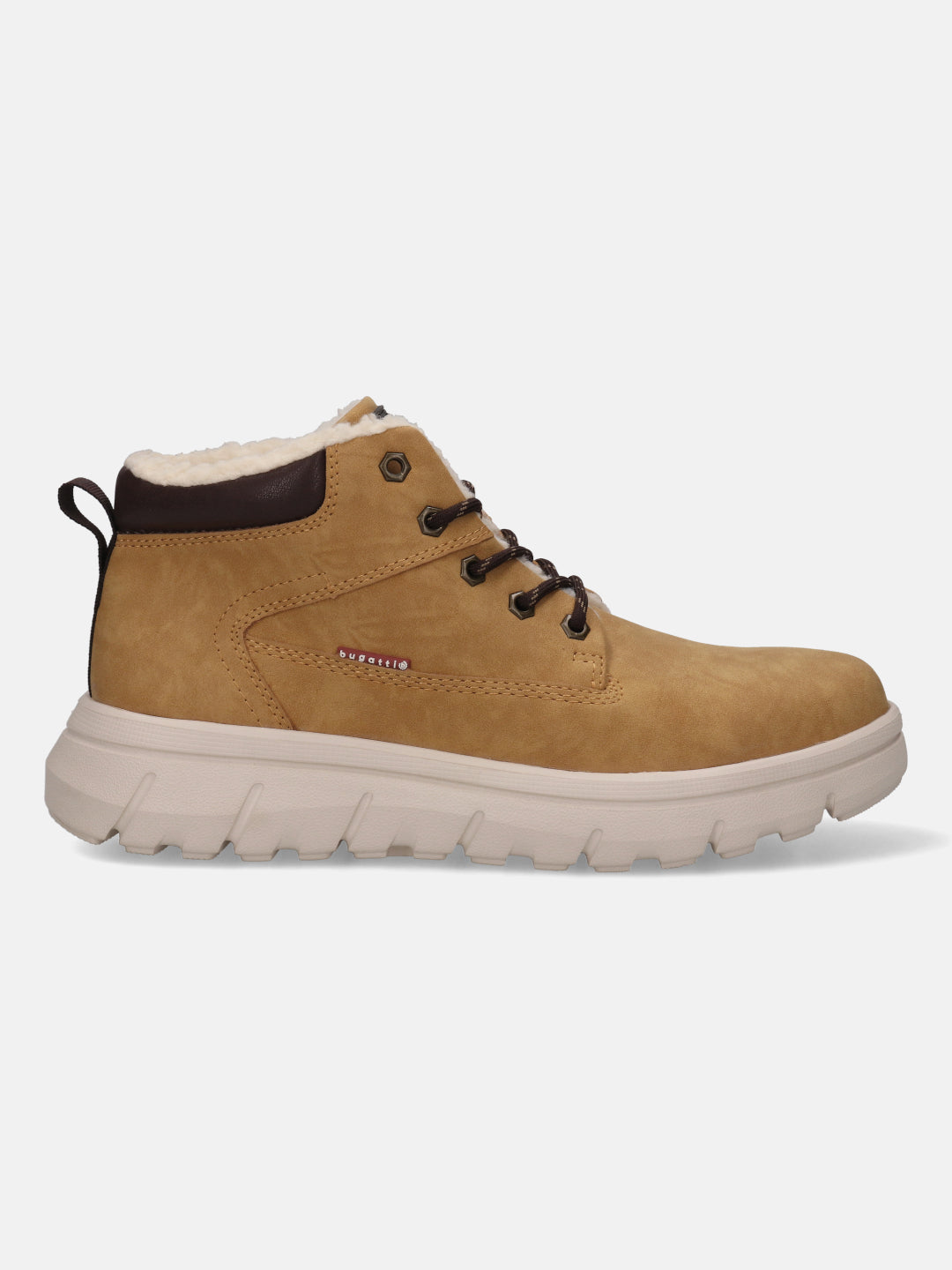 Tan casual boot by Bugatti with faux fur lining, brown accents, and thick sole.