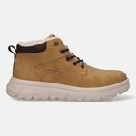 Tan casual boot by Bugatti with faux fur lining, brown accents, and thick sole.