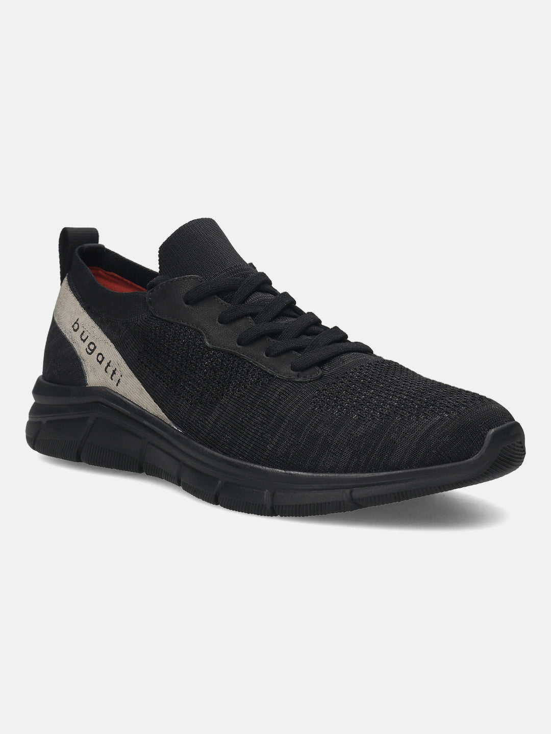 Black knit sneaker by bugatti, with a contrasting logo accent and comfortable mid-top styling.