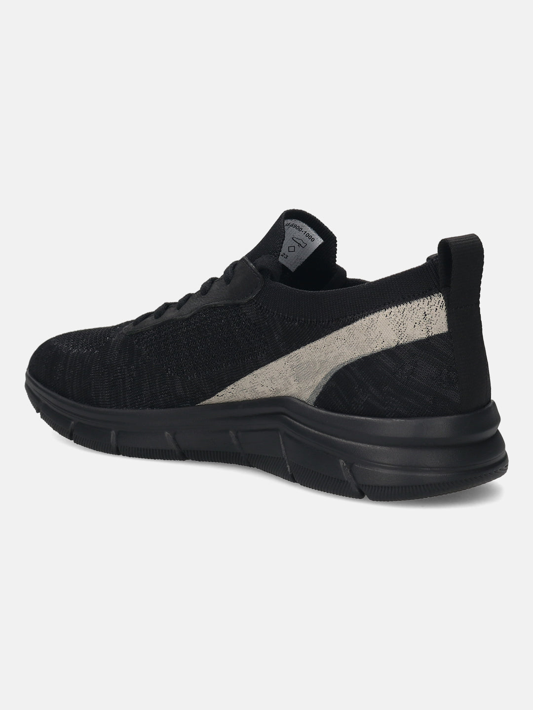 Black knit sneaker by Bugatti, with a light grey accent stripe along the side, in a side view.