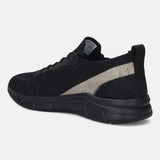 Black knit sneaker by Bugatti, with a light grey accent stripe along the side, in a side view.