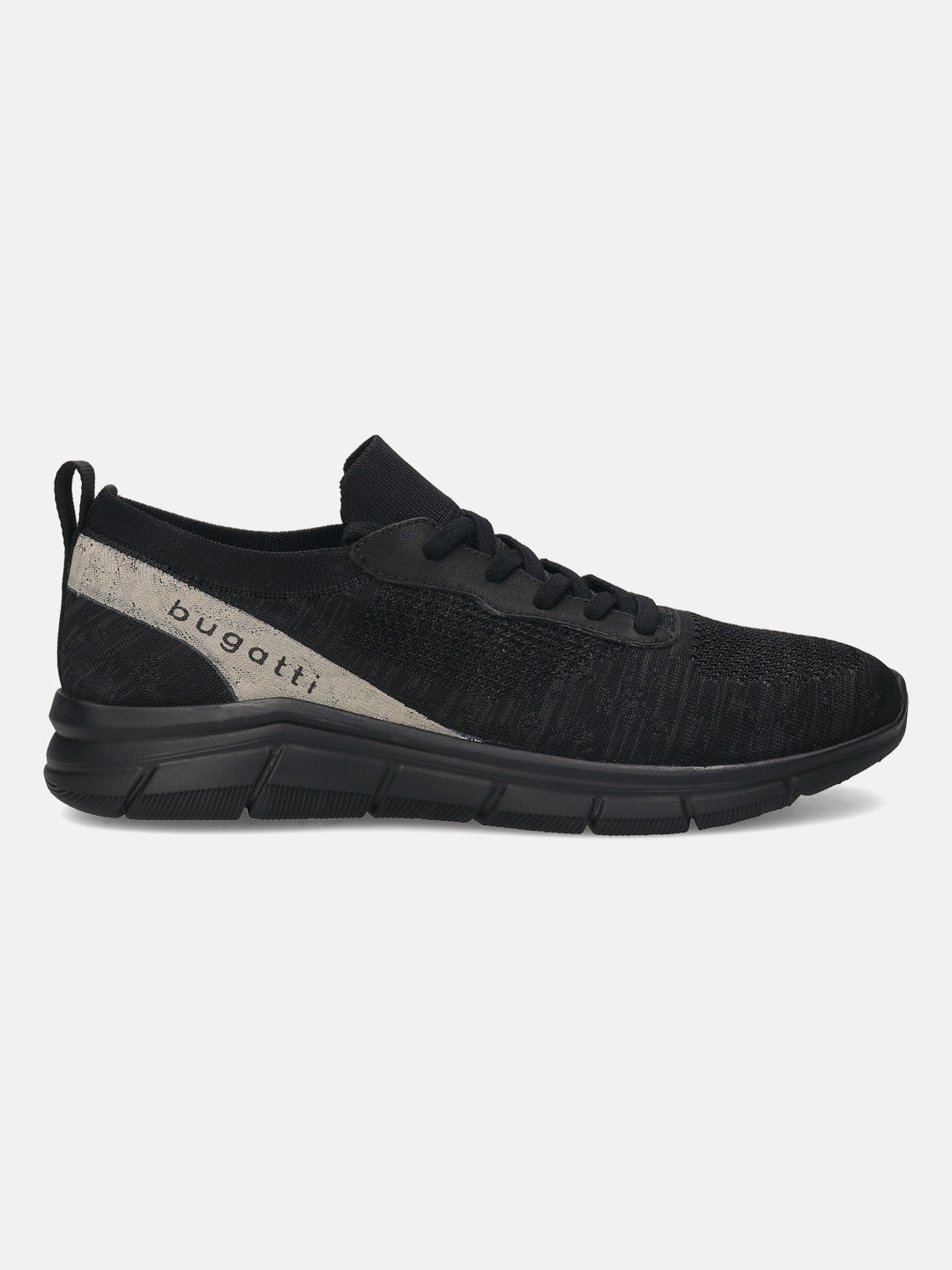 Black comfort sneaker by bugatti, featuring a knit textile upper and tonal sole.