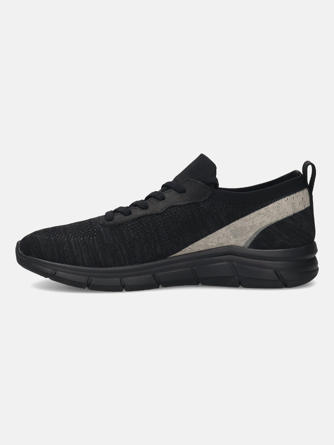 Black comfort sneaker by bugatti featuring a knit upper and silver accents at the heel.
