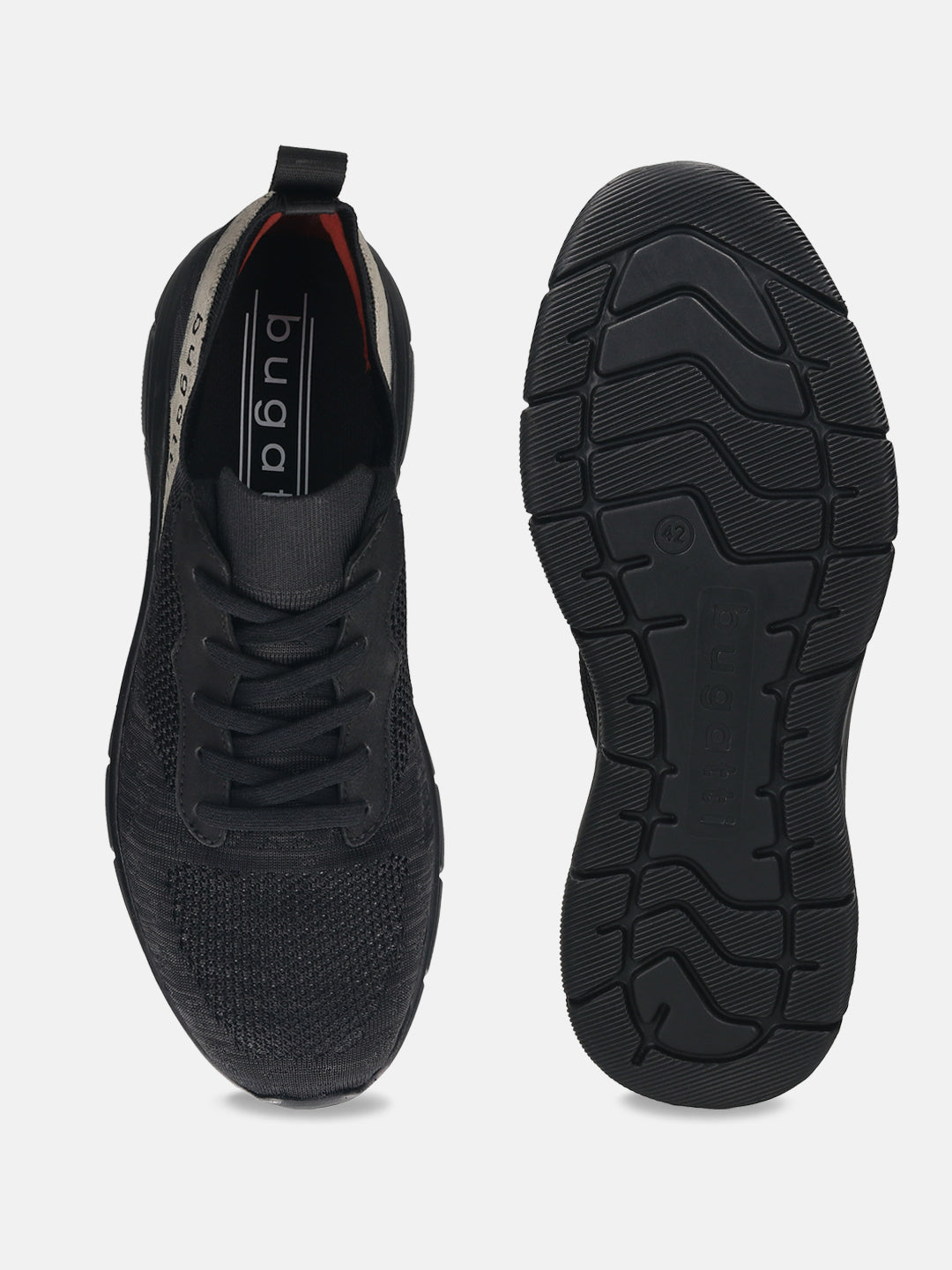 Black comfort mid-top sneakers by bugatti, with a knit texture and black soles.