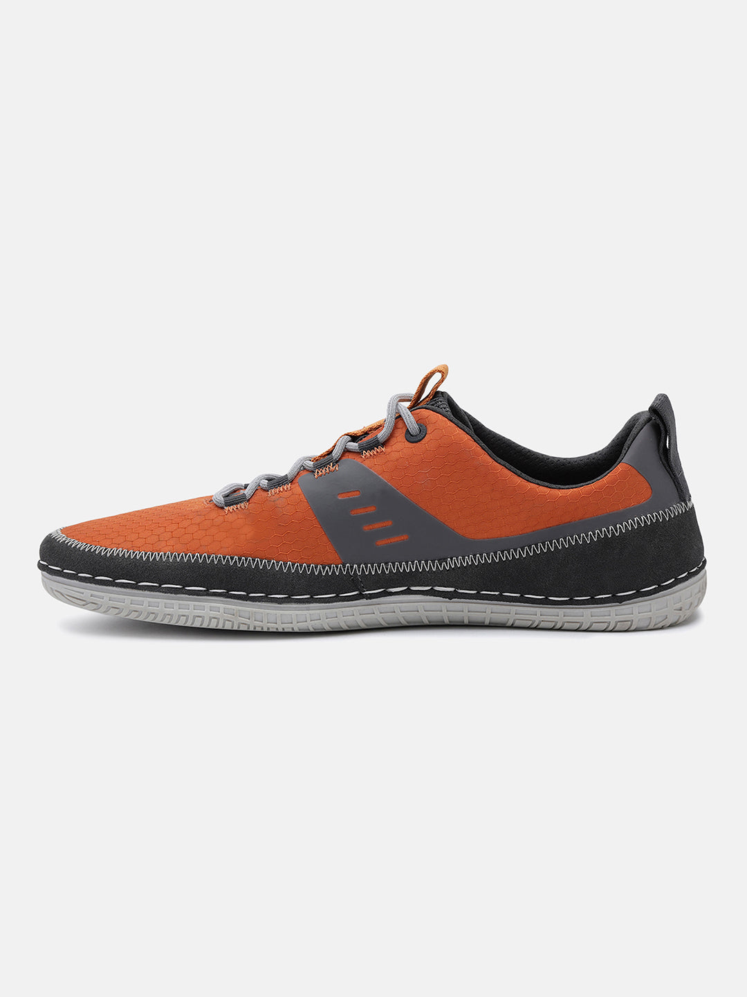 Orange comfort low-top sneaker by bugatti with gray accents, contrast stitching, and textured material.