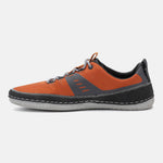 Orange comfort low-top sneaker by bugatti with gray accents, contrast stitching, and textured material.
