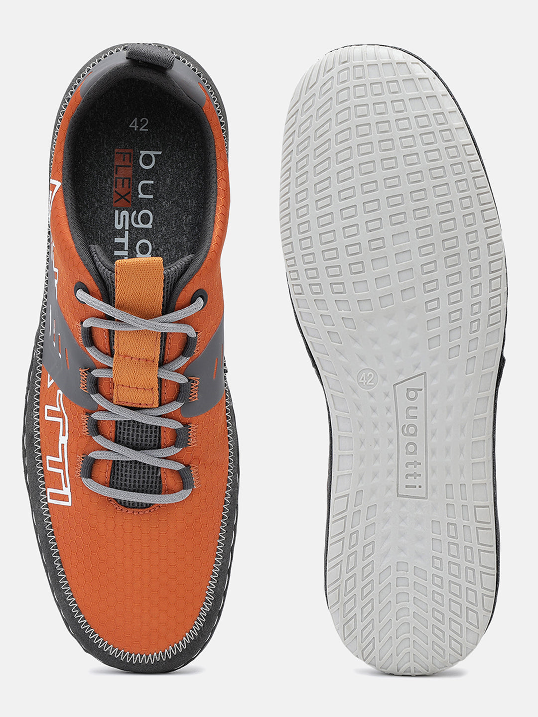 Orange sneakers by Bugatti with gray accents, laces, and sawtooth patterned sole.