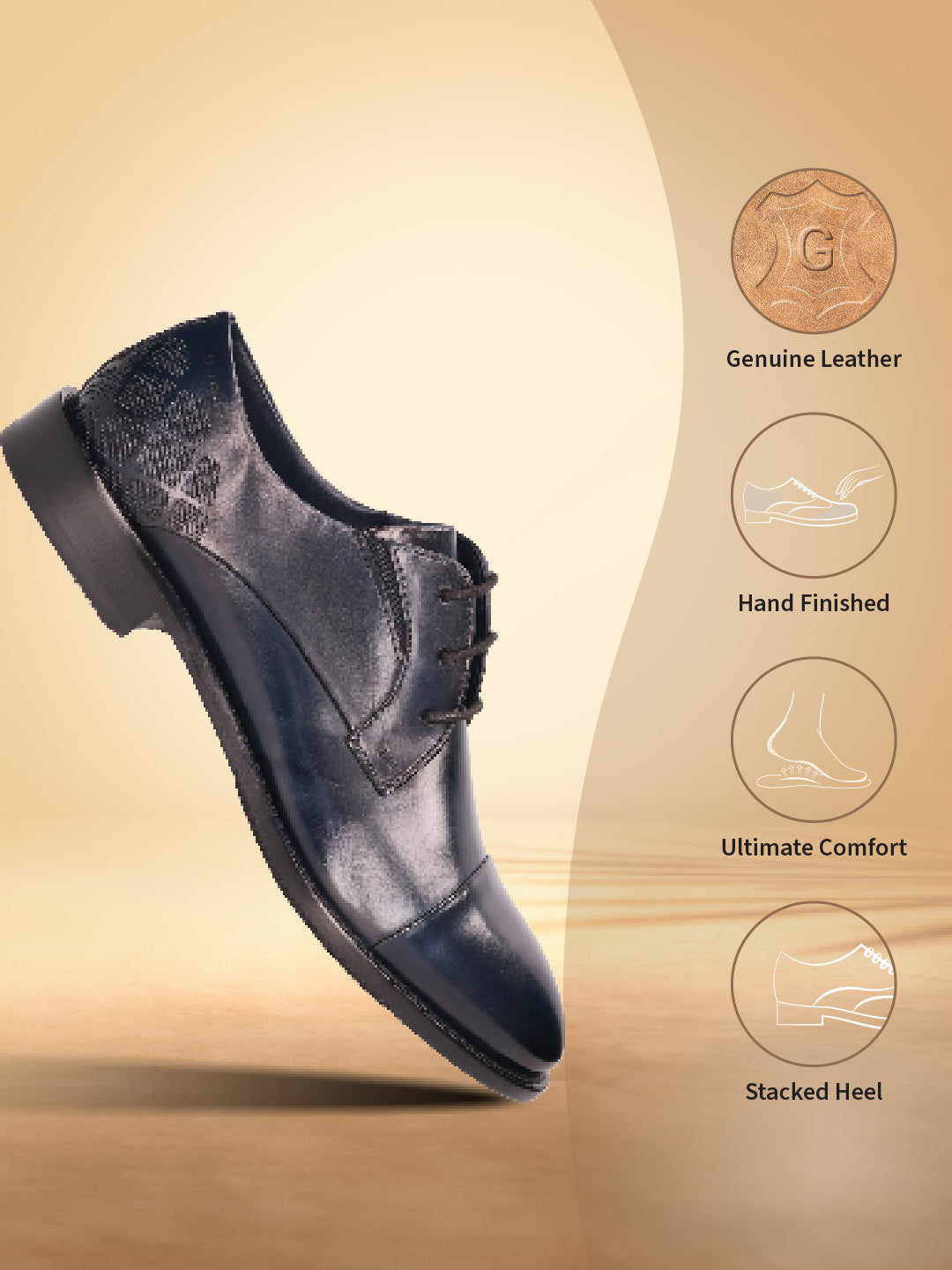 Dark blue premium leather derby shoes by bugatti with decorative patterned texture on the heel.