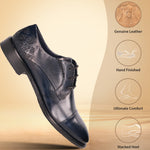 Dark blue premium leather derby shoes by bugatti with decorative patterned texture on the heel.