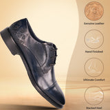 Dark blue premium leather derby shoes by bugatti with decorative patterned texture on the heel.