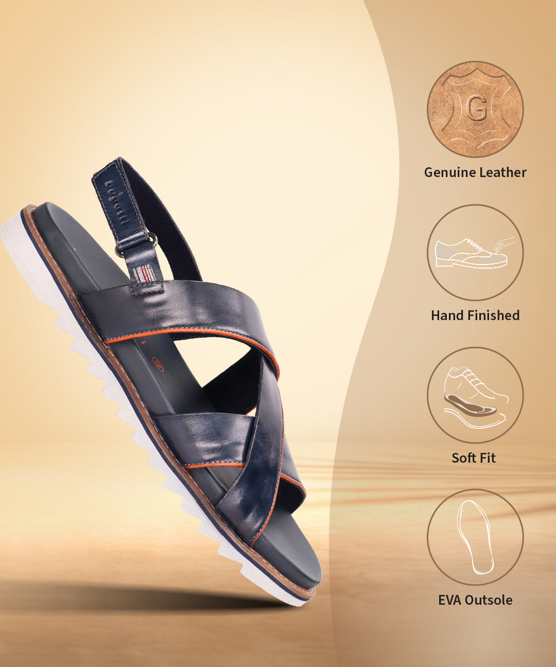 Dark blue premium leather sandal by bugatti with crossover straps and white ridged sole.