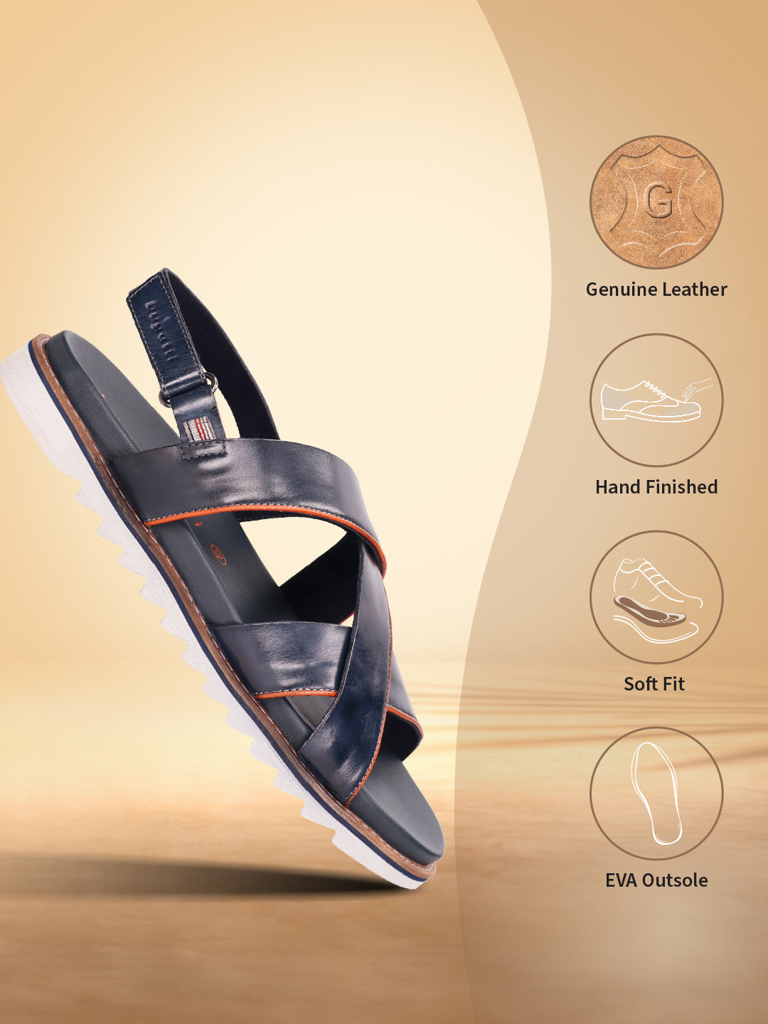 Dark blue premium leather sandal by bugatti with crossover straps and white ridged sole.