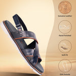 Dark blue premium leather sandal by bugatti with crossover straps and white ridged sole.