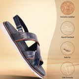 Dark blue premium leather sandal by bugatti with crossover straps and white ridged sole.