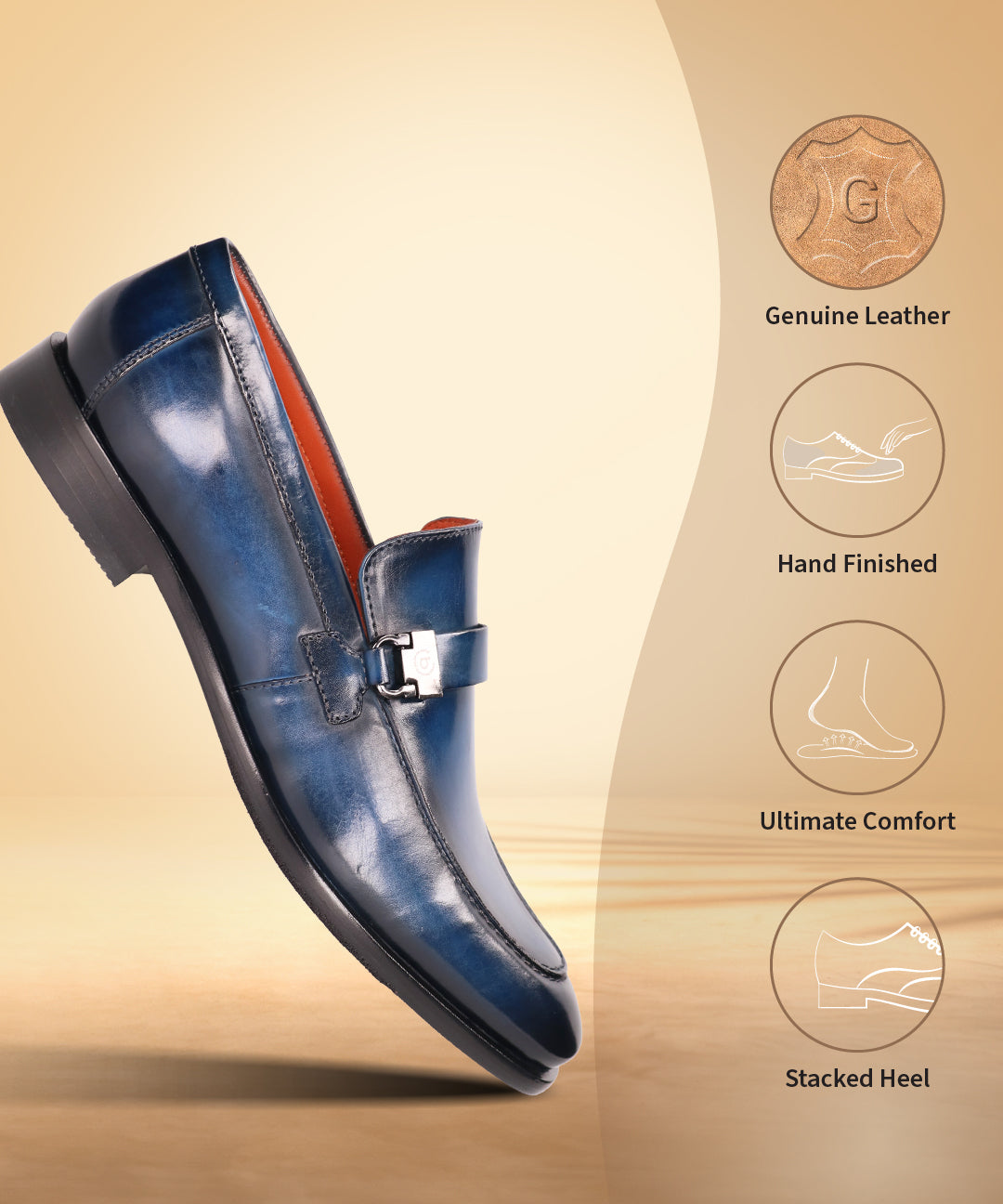 Blue leather comfort penny loafer by bugatti, shown at an angle with a metal accent.