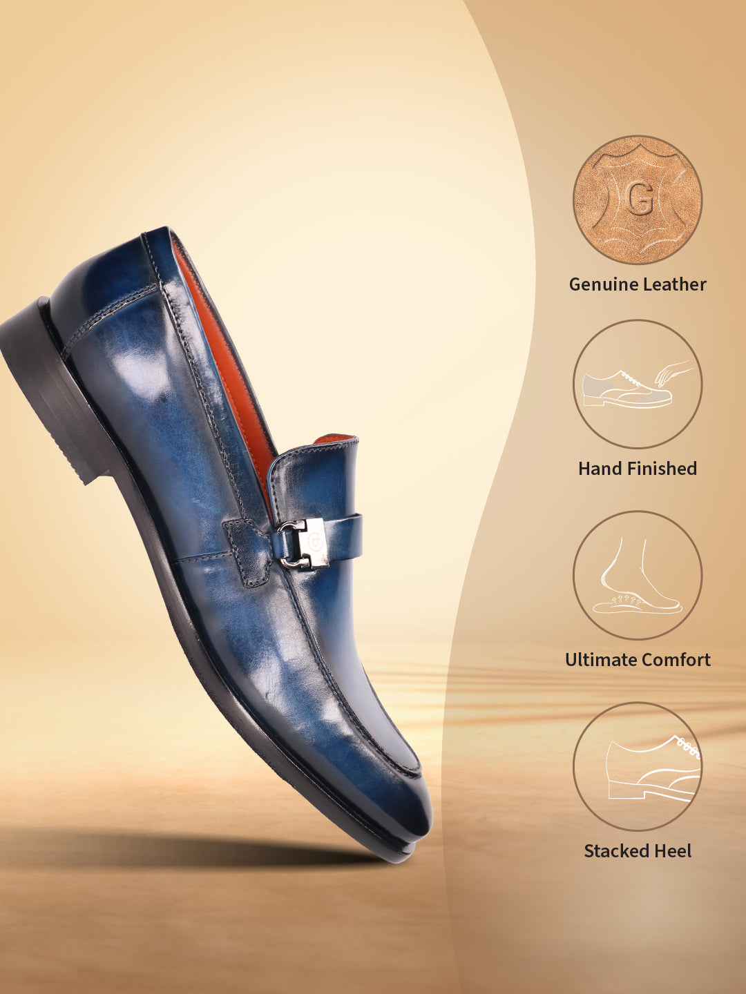 Blue leather comfort penny loafer by bugatti, shown at an angle with a metal accent.