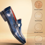 Blue leather comfort penny loafer by bugatti, shown at an angle with a metal accent.
