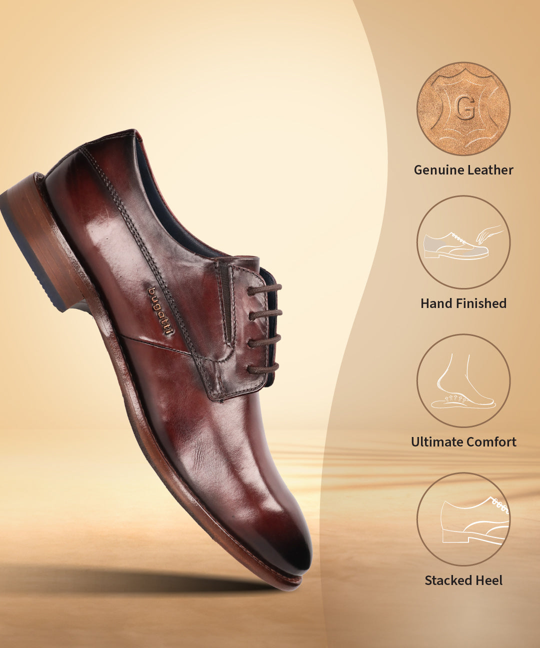A grey Men's bugatti Derby featuring a round plain toe, stacked heel. Made from premium genuine leather with a durable leather outsole, this laces design offers both style and comfort.