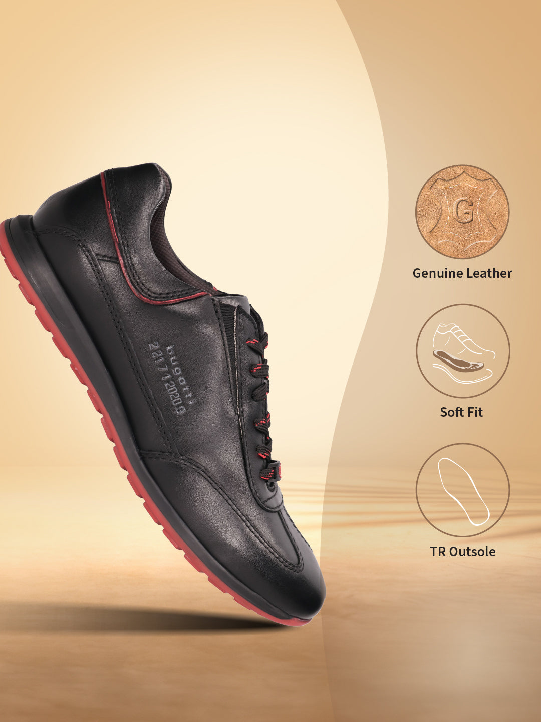 A black Men's bugatti Sneakers featuring a round plain toe, zero heels heel. Made from premium genuine leather with a durable tr outsole, this laces design offers both style and comfort.