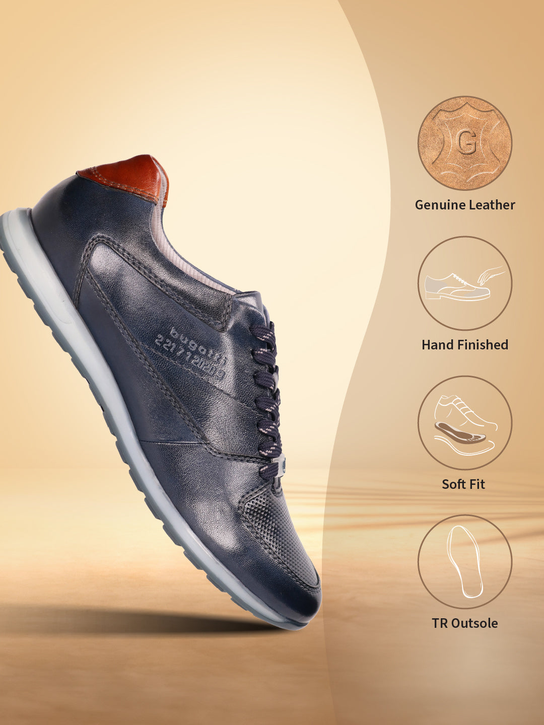 Dark blue leather sneaker by bugatti with a brown heel accent and light grey sole.