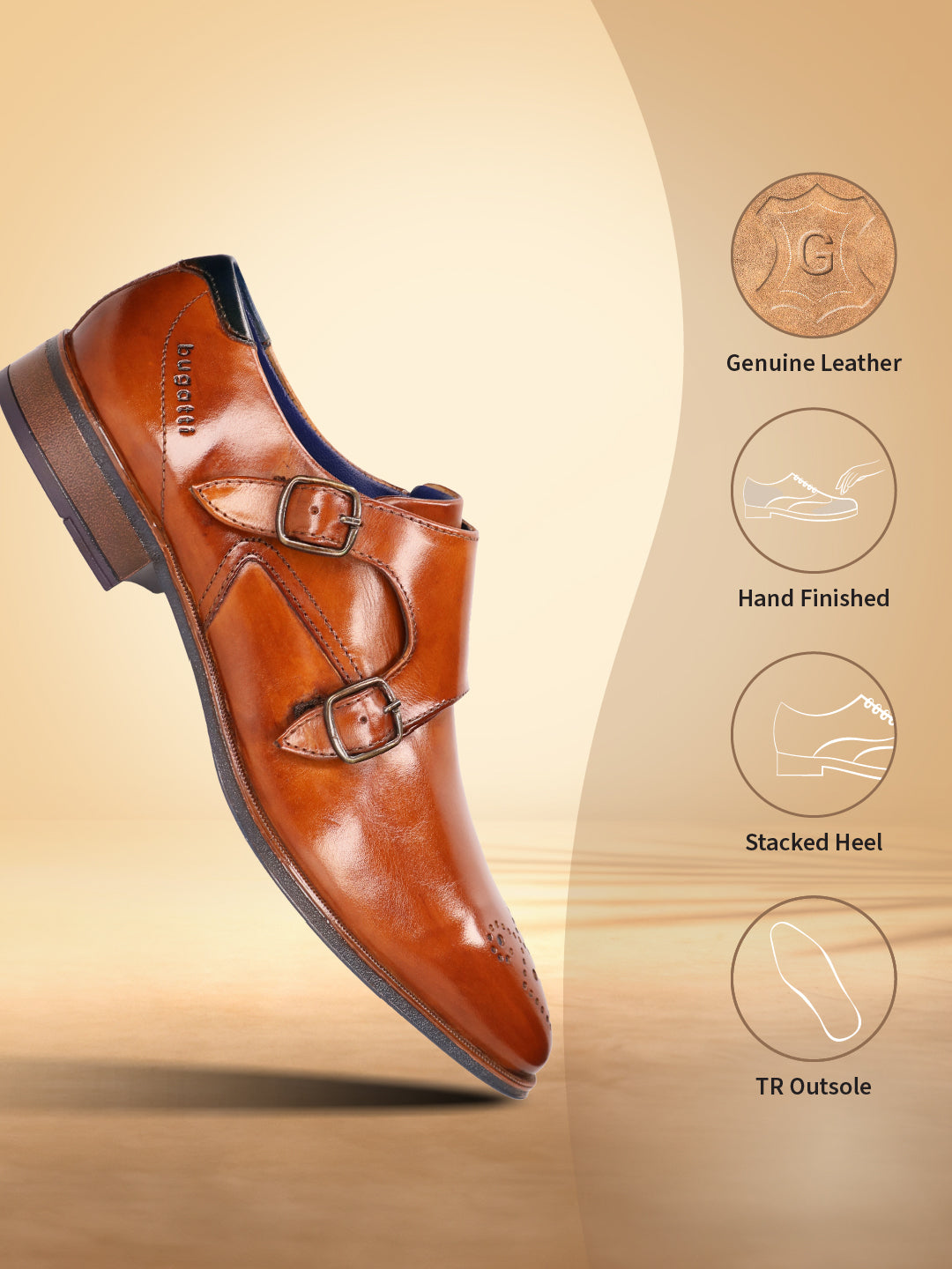 A cognac Men's bugatti Monk Shoe featuring a pointed plain toe, moulded  heel. Made from premium genuine leather with a durable tr outsole, this slip-on design offers both style and comfort.