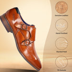 A cognac Men's bugatti Monk Shoe featuring a pointed plain toe, moulded  heel. Made from premium genuine leather with a durable tr outsole, this slip-on design offers both style and comfort.