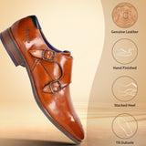 A cognac Men's bugatti Monk Shoe featuring a pointed plain toe, moulded  heel. Made from premium genuine leather with a durable tr outsole, this slip-on design offers both style and comfort.
