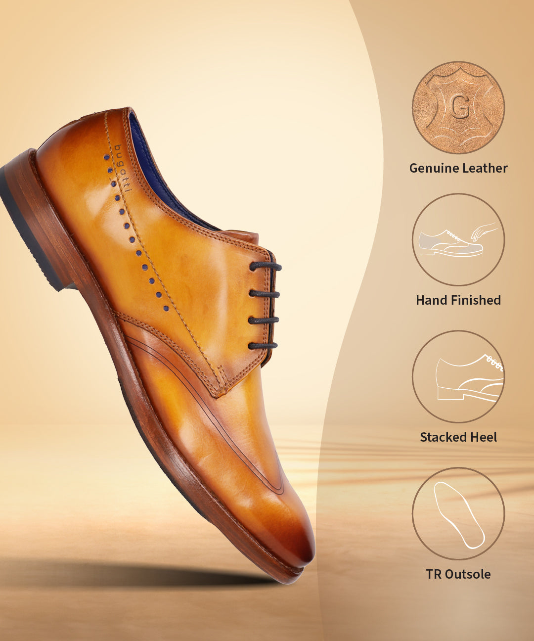 Yellow leather formal derby shoes by bugatti with brown stacked heel and a blue interior trim.