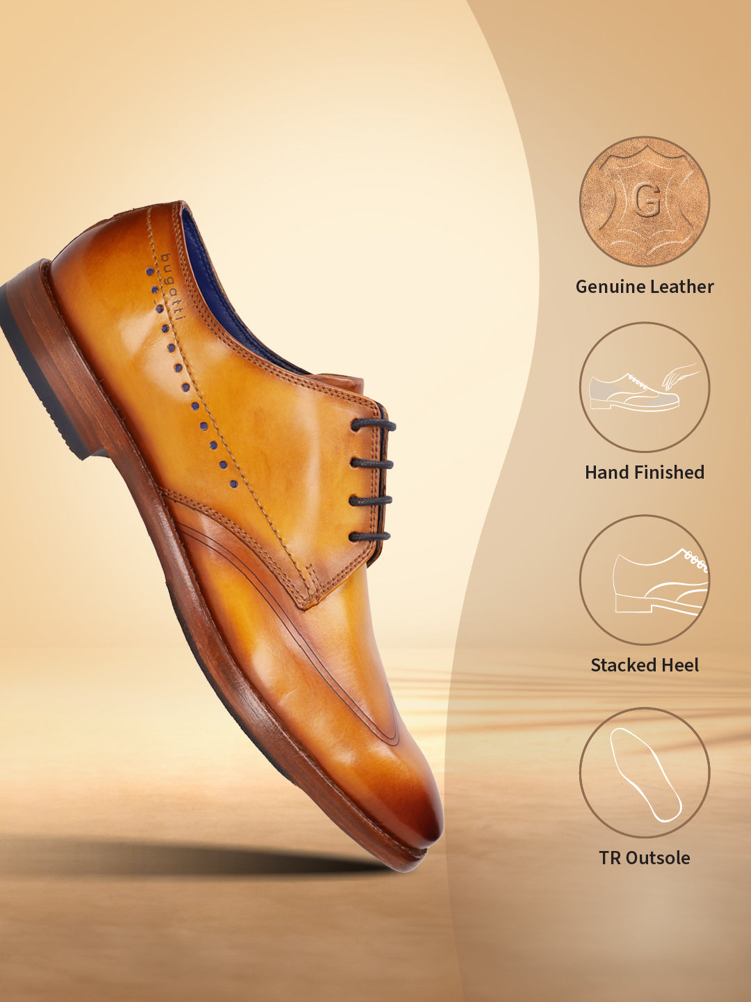 Yellow leather formal derby shoes by bugatti with brown stacked heel and a blue interior trim.