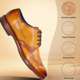 Yellow leather formal derby shoes by bugatti with brown stacked heel and a blue interior trim.