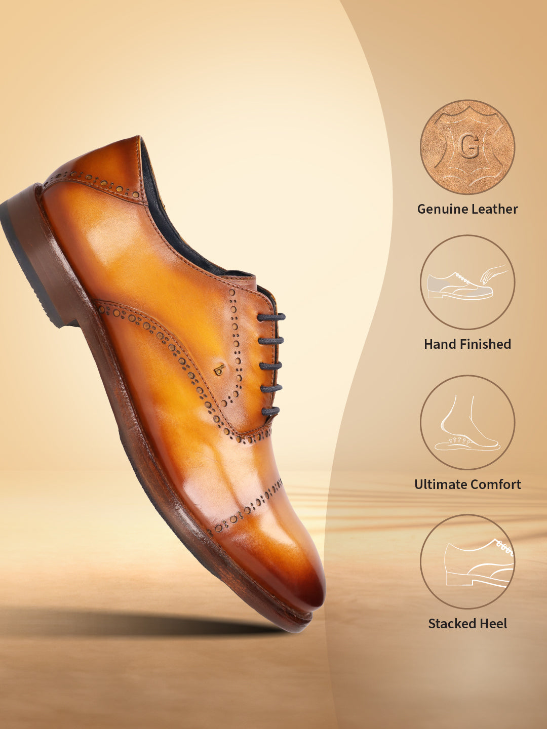 Yellow leather formal Oxford shoes by bugatti, featuring stacked heel detail and decorative perforations.
