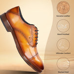 Yellow leather formal Oxford shoes by bugatti, featuring stacked heel detail and decorative perforations.
