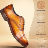 Yellow leather formal Oxford shoes by bugatti, featuring stacked heel detail and decorative perforations.
