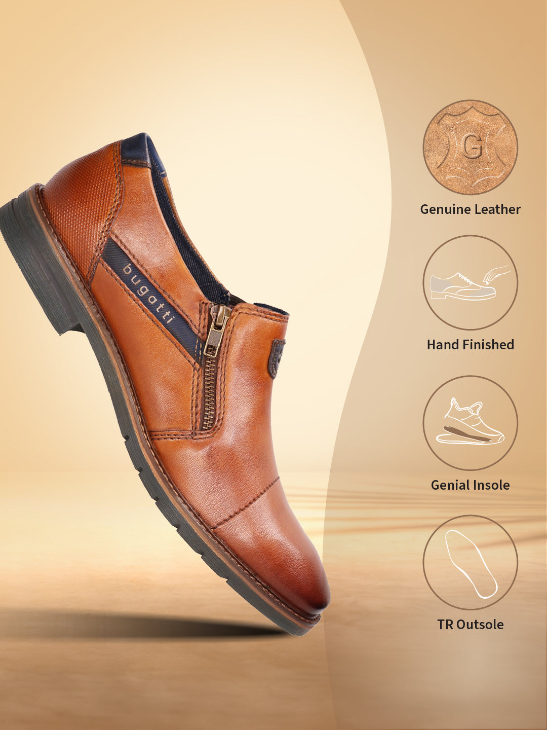 A cognac Men's bugatti Venetian Loafers featuring a round cap toe, moulded  heel, and a wide fit. Made from premium genuine leather with a durable tr outsole, this zipper design offers both style and comfort.