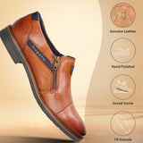 A cognac Men's bugatti Venetian Loafers featuring a round cap toe, moulded  heel, and a wide fit. Made from premium genuine leather with a durable tr outsole, this zipper design offers both style and comfort.