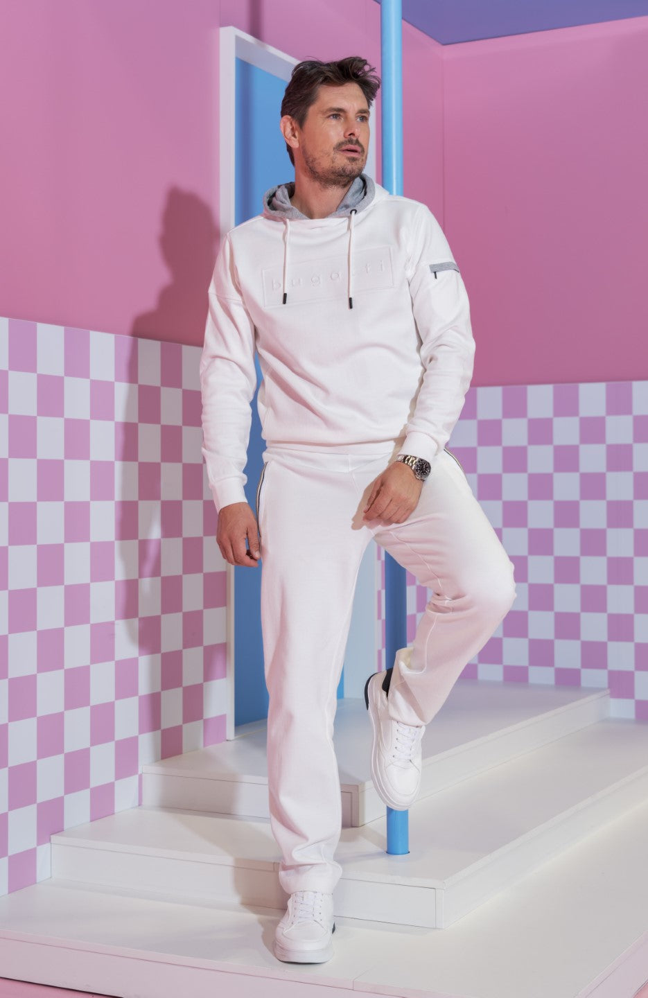 A white Men's bugatti Sneakers featuring a round plain toe, zero heels heel. Made from synthetic with a durable tpr outsole, this laces design offers both style and comfort.