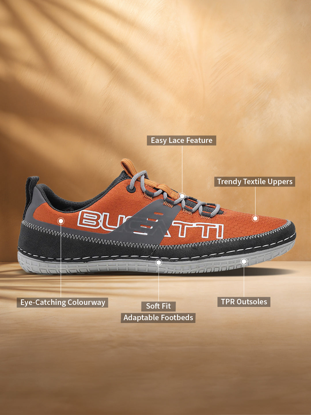 Orange textile low-top sneaker by Bugatti with grey laces and black trim, shown in a side view.