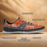 Orange textile low-top sneaker by Bugatti with grey laces and black trim, shown in a side view.