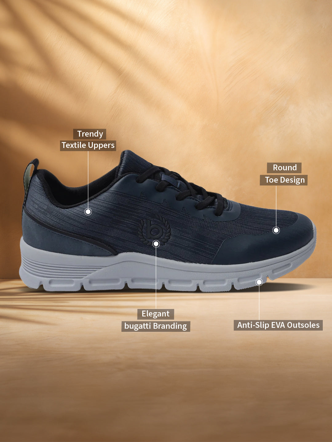Blue comfort mid-top sneakers by bugatti with textile uppers, round toe design, and anti-slip EVA outsoles.
