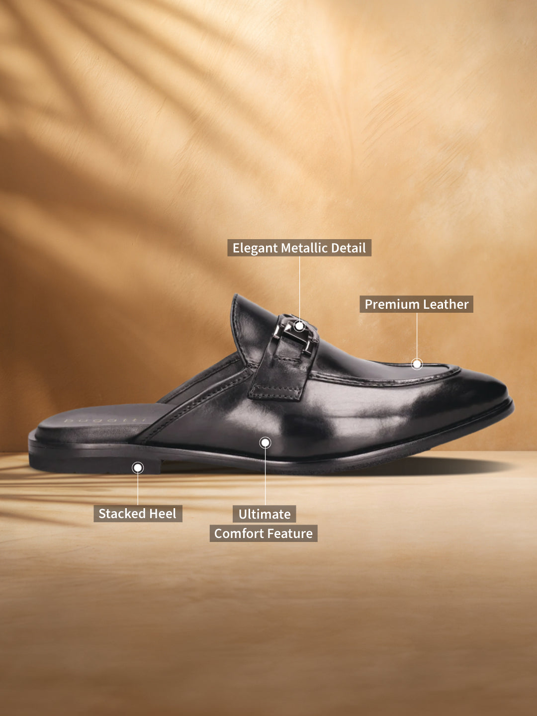 Black premium leather slip-on formal shoe by bugatti with metallic detail and stacked heel, presented in a side view.