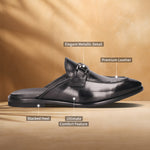 Black premium leather slip-on formal shoe by bugatti with metallic detail and stacked heel, presented in a side view.