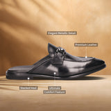 Black premium leather slip-on formal shoe by bugatti with metallic detail and stacked heel, presented in a side view.