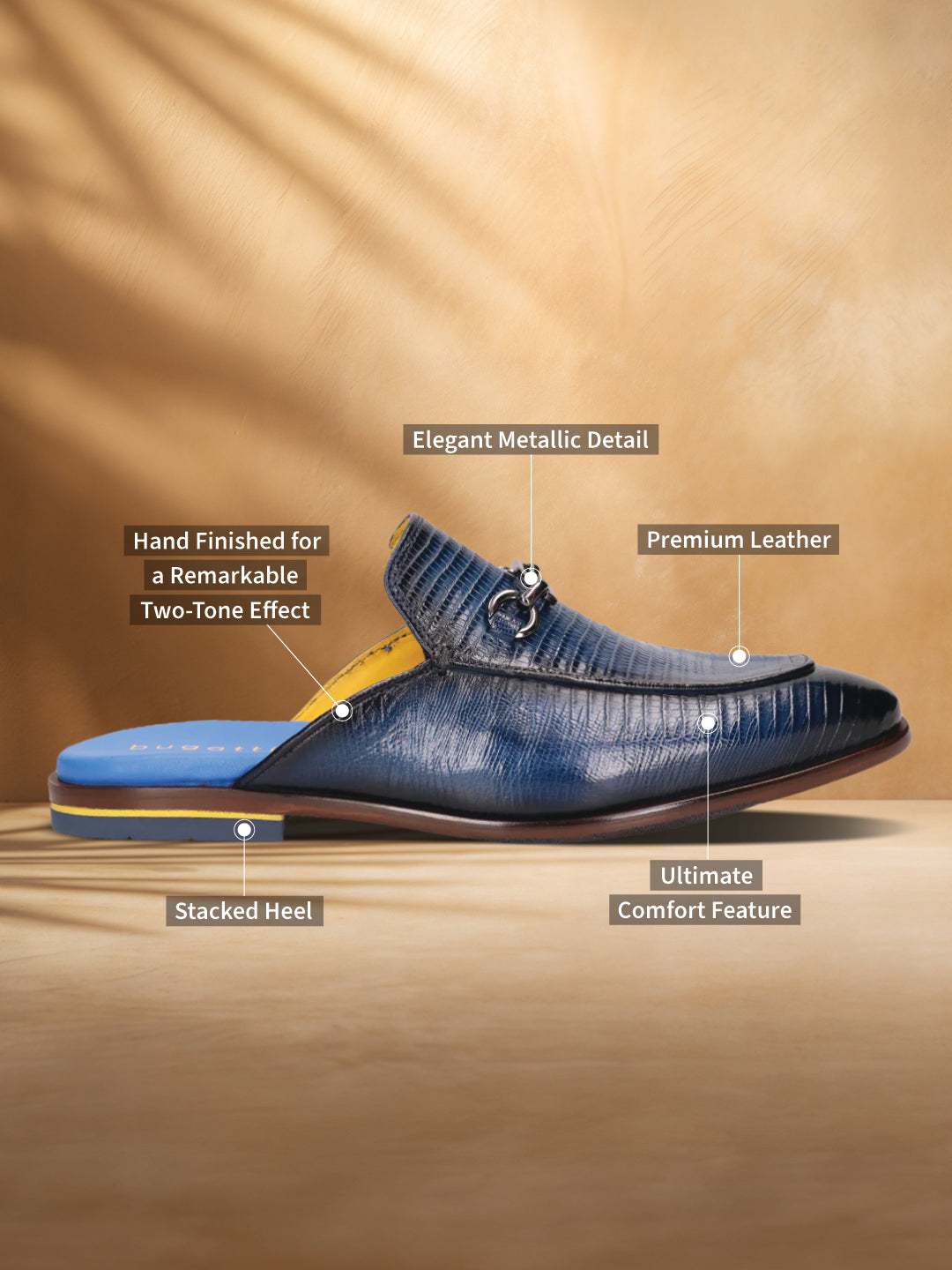 Blue leather slip-on shoe by bugatti, featuring an elegant metallic detail, two-tone effect, and stacked heel.