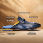 Blue leather slip-on shoe by bugatti, featuring an elegant metallic detail, two-tone effect, and stacked heel.