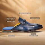 Blue leather slip-on shoe by bugatti, featuring an elegant metallic detail, two-tone effect, and stacked heel.