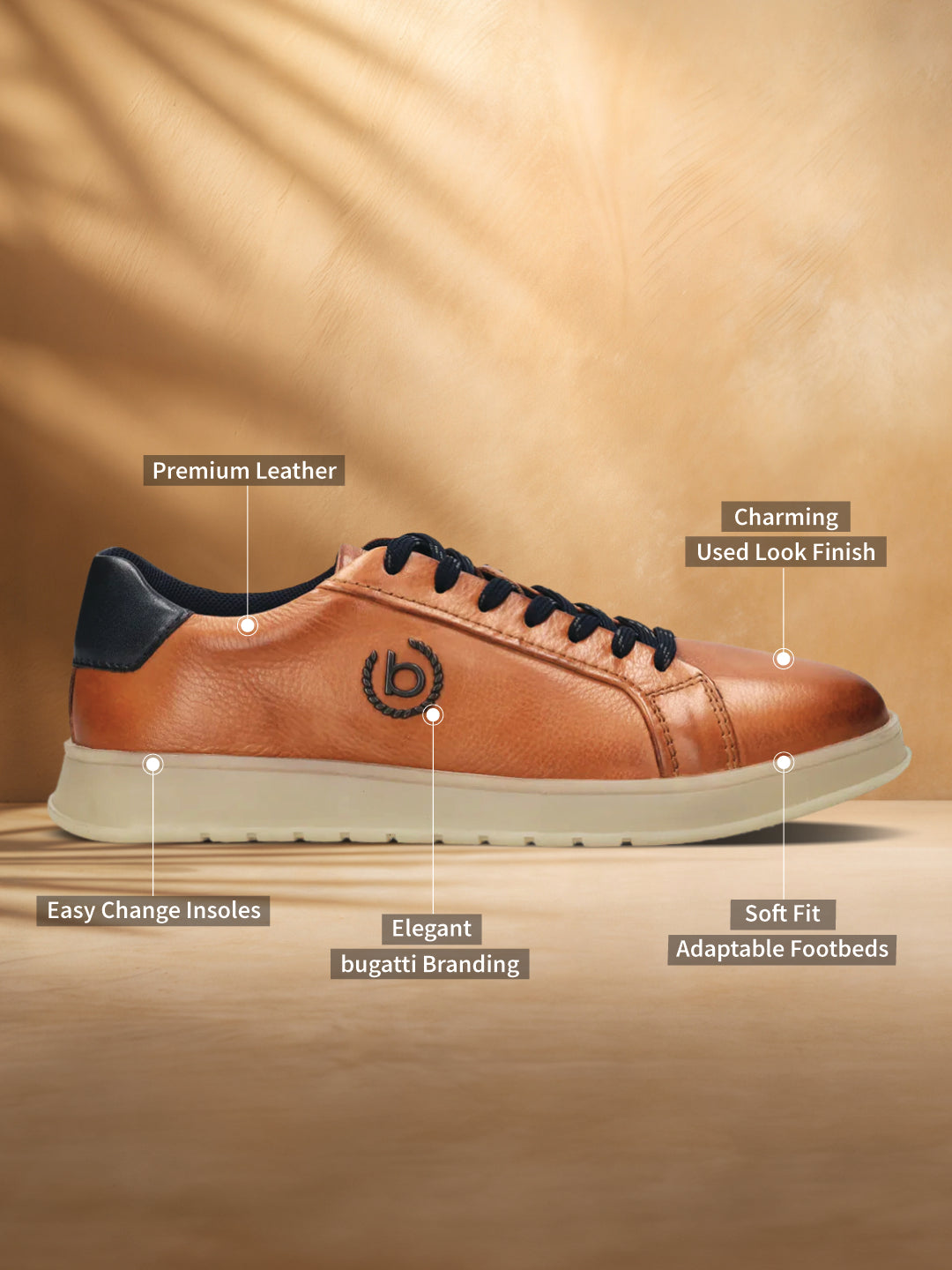 Cognac leather sneakers by bugatti, featuring dark blue laces, used look finish, and adaptable footbeds.