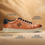 Cognac leather sneakers by bugatti, featuring dark blue laces, used look finish, and adaptable footbeds.