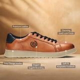 Cognac leather sneakers by bugatti, featuring dark blue laces, used look finish, and adaptable footbeds.